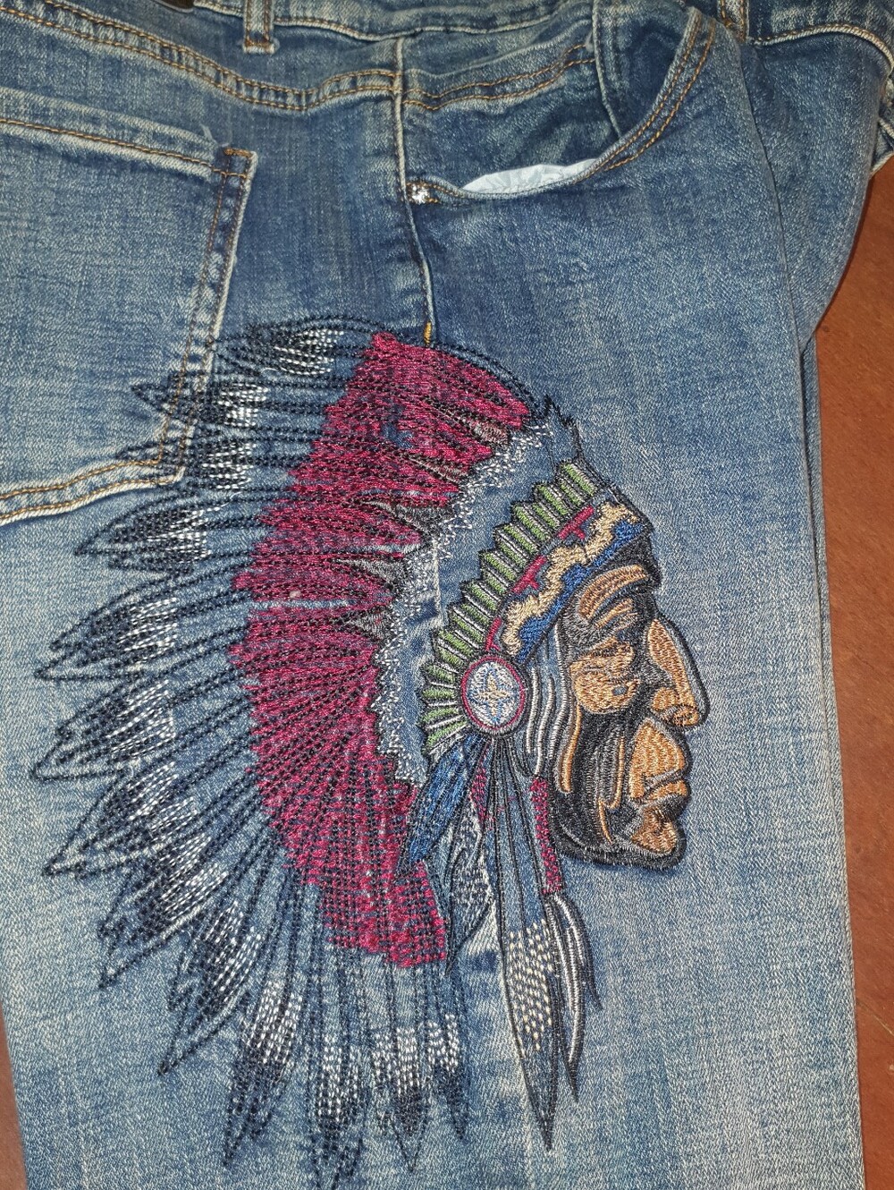 Embroidered Blue Denim Men's Jeans with Native Headdress Detail
